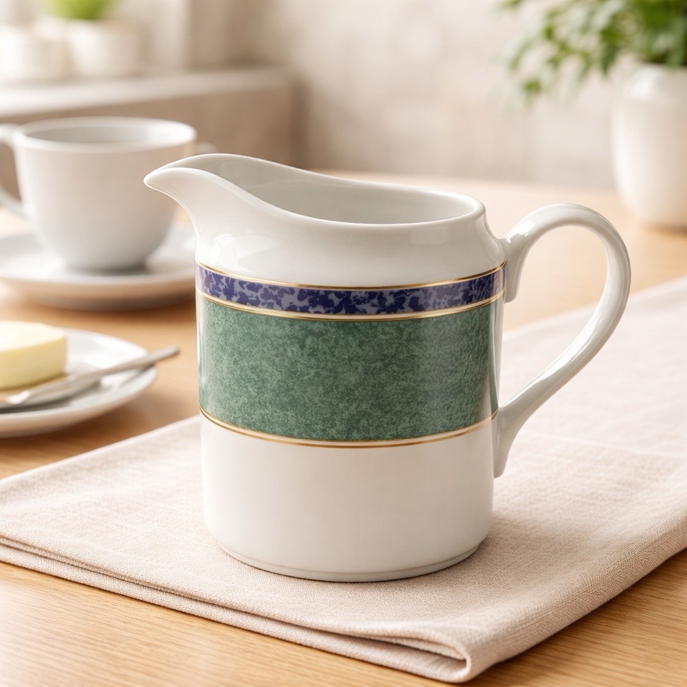 Porcelain Creamer Pitcher in White with Green and Blue Bands